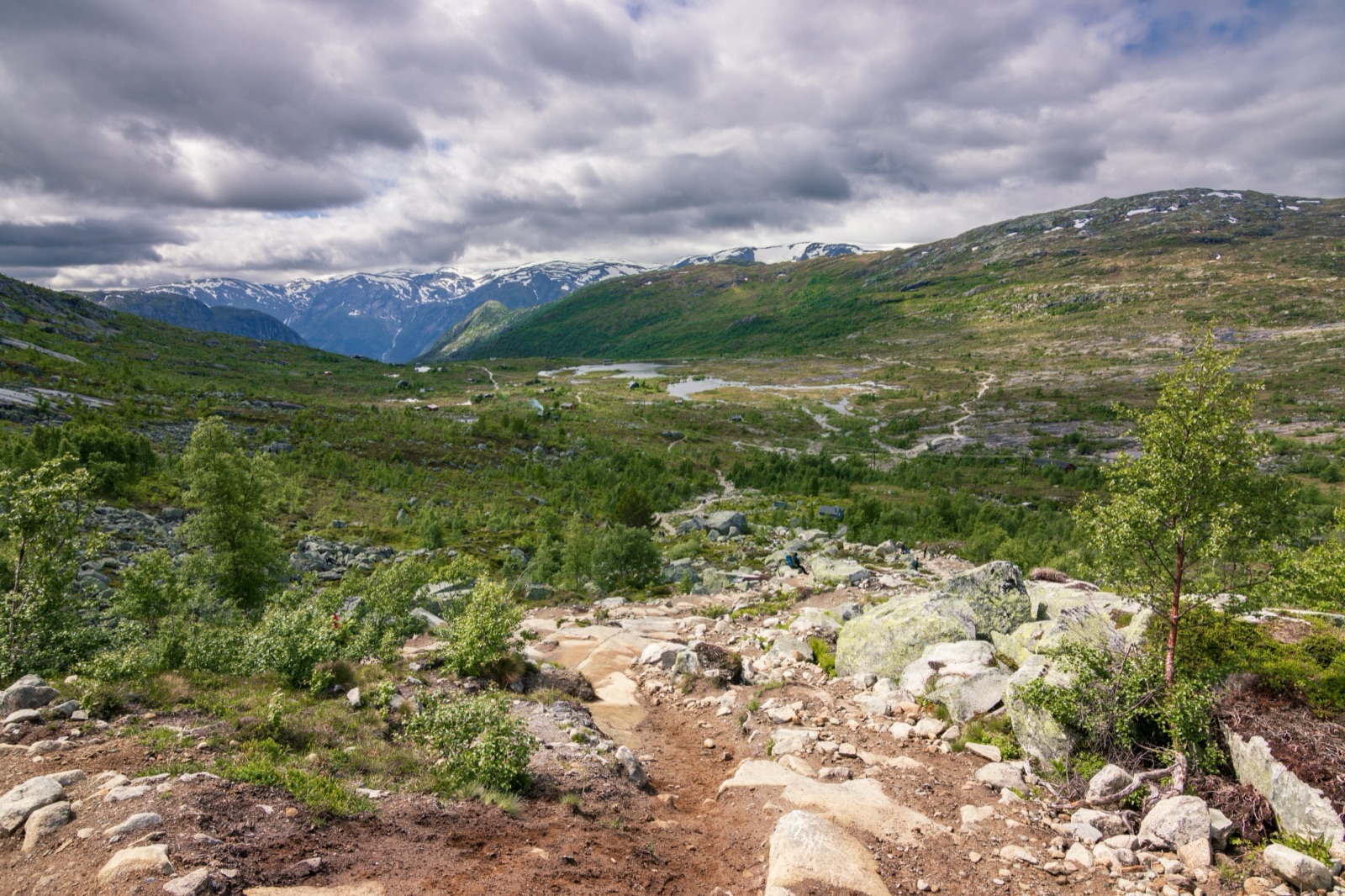 En steinete sti som går ned i en grønn fjelldal med små vann og snøstripete topper under skyer